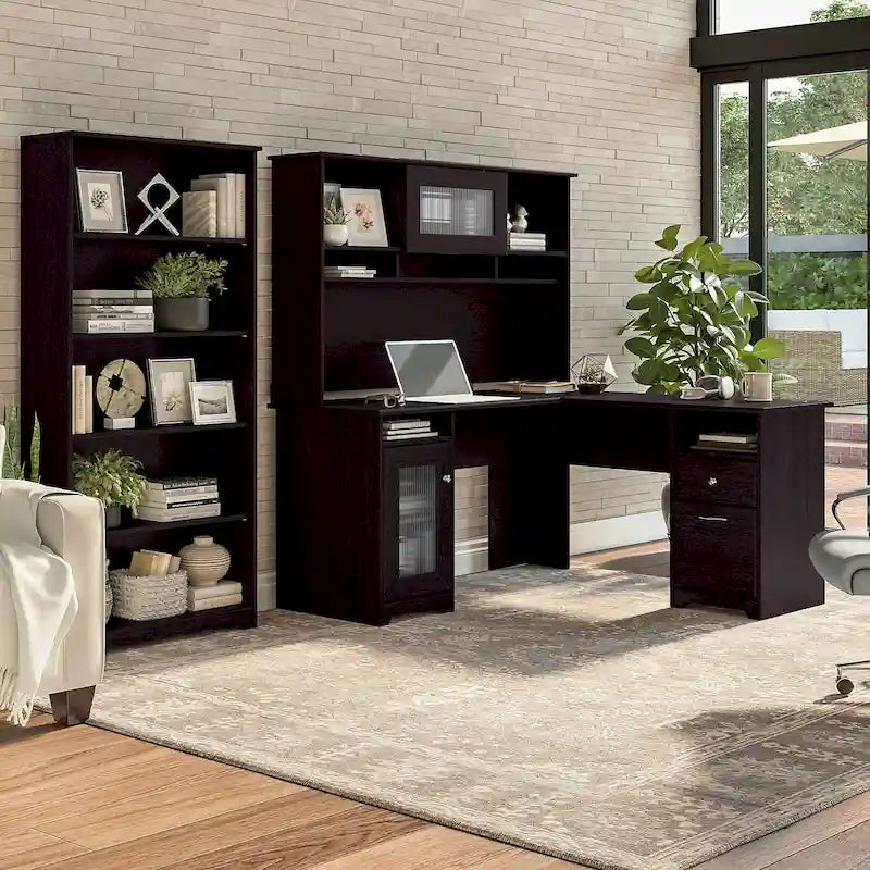 Cabot 60W L-Desk with Hutch and 5 Shelf Bookcase by Bush Furniture