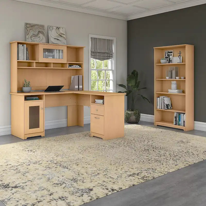 Cabot 60W L-Desk with Hutch and 5 Shelf Bookcase by Bush Furniture