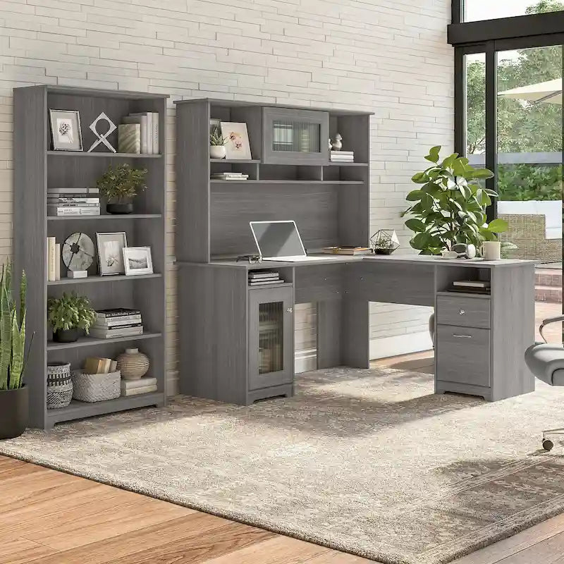 Cabot 60W L-Desk with Hutch and 5 Shelf Bookcase by Bush Furniture