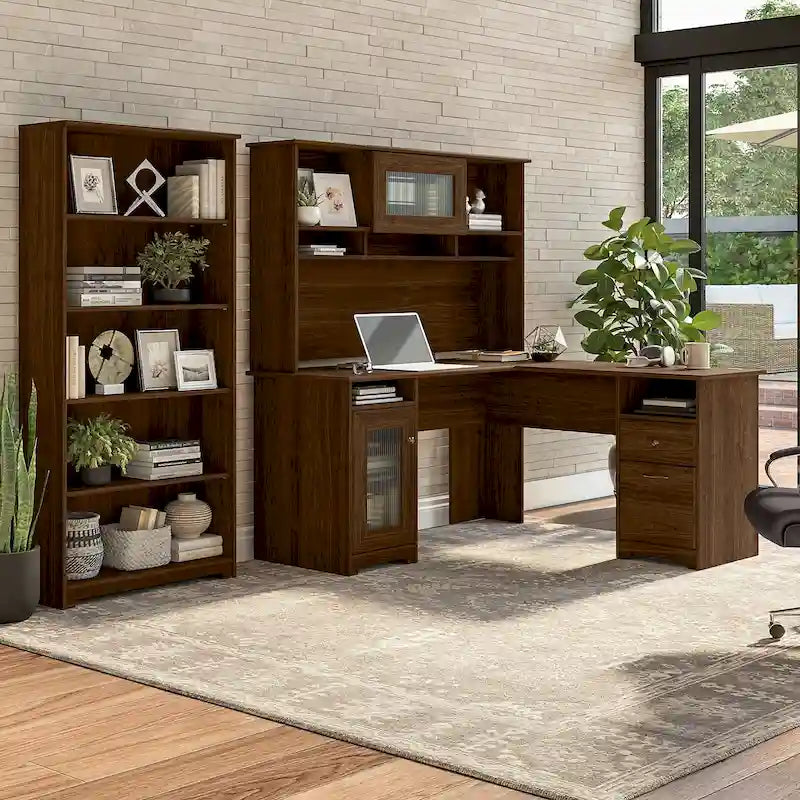Cabot 60W L-Desk with Hutch and 5 Shelf Bookcase by Bush Furniture