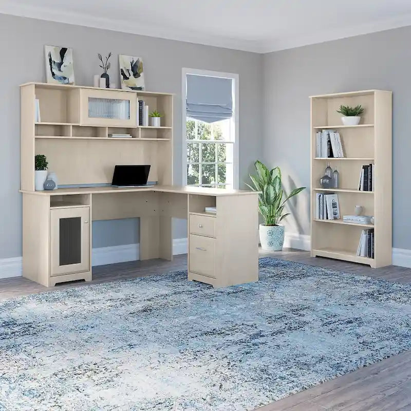 Cabot 60W L-Desk with Hutch and 5 Shelf Bookcase by Bush Furniture