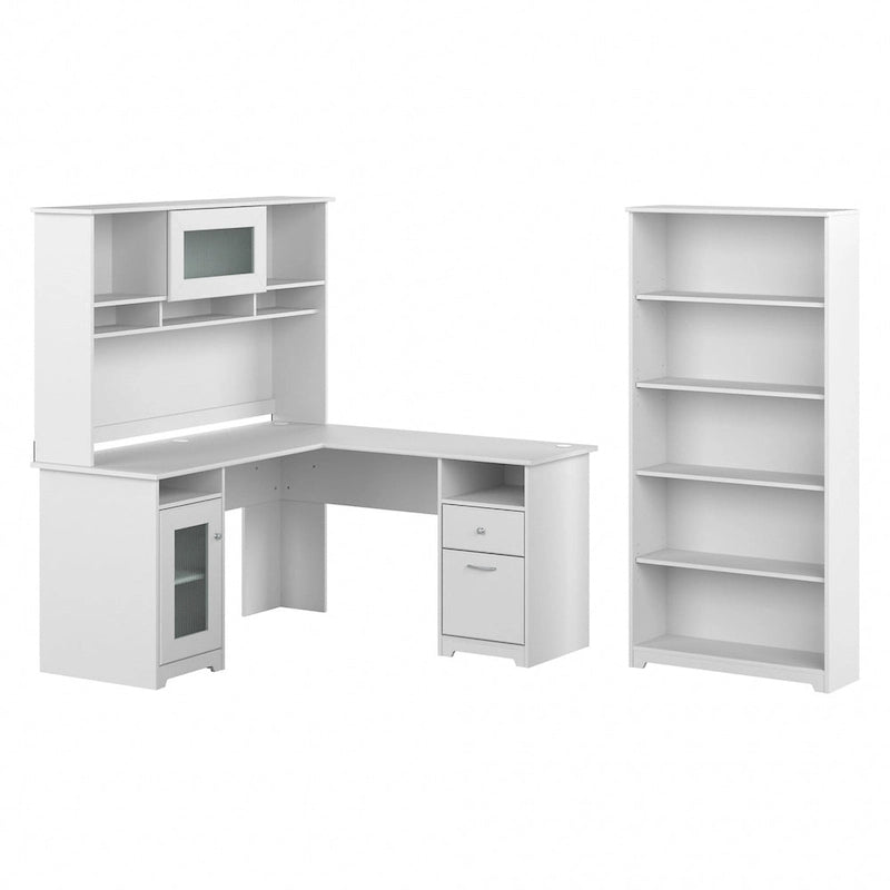 Cabot 60W L-Desk with Hutch and 5 Shelf Bookcase by Bush Furniture