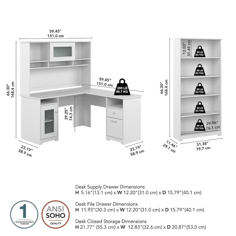Cabot 60W L-Desk with Hutch and 5 Shelf Bookcase by Bush Furniture