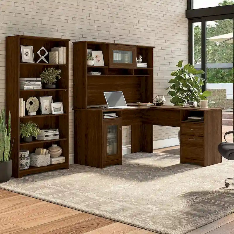 Cabot 60W L-Desk with Hutch and 5 Shelf Bookcase by Bush Furniture