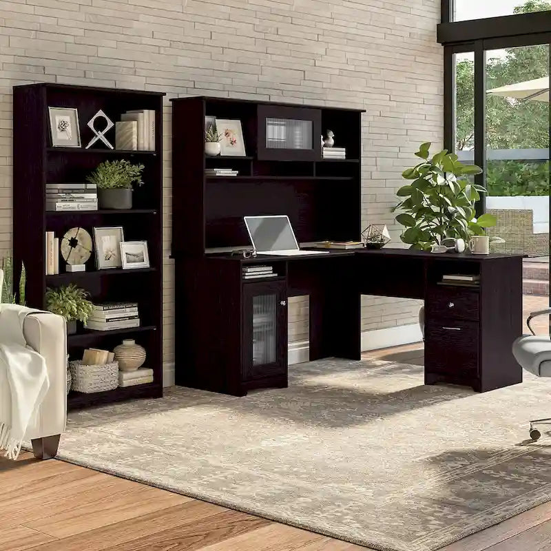 Cabot 60W L-Desk with Hutch and 5 Shelf Bookcase by Bush Furniture