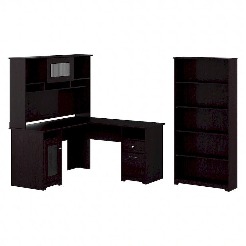 Cabot 60W L-Desk with Hutch and 5 Shelf Bookcase by Bush Furniture