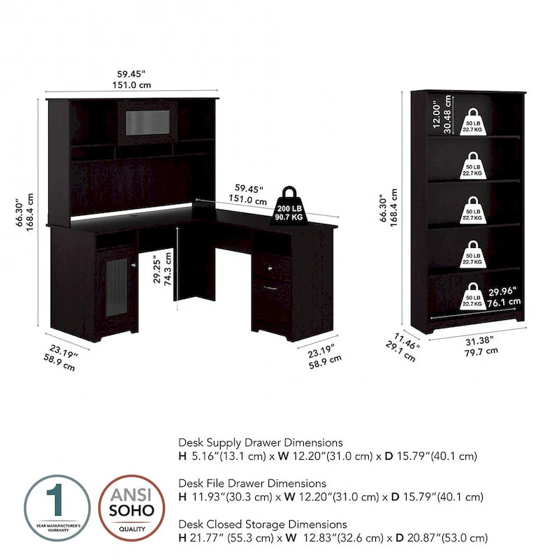 Cabot 60W L-Desk with Hutch and 5 Shelf Bookcase by Bush Furniture