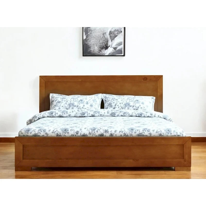 HomeRoots Oak Inlaid Panels Solid Wood King Bed Frame