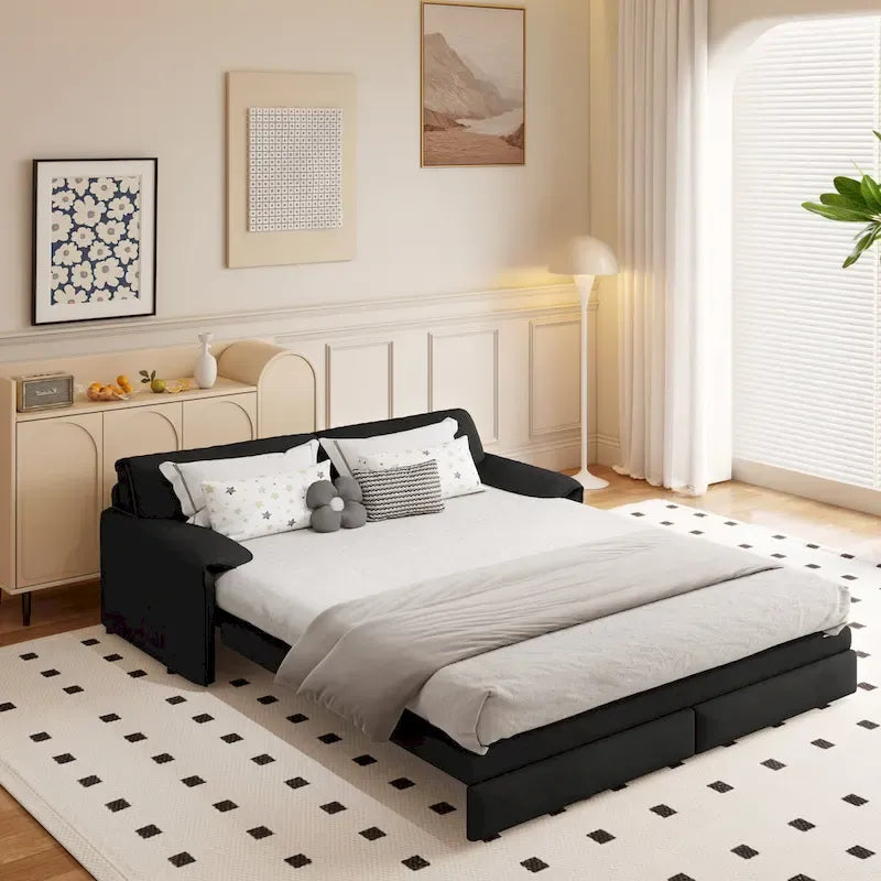3-in-1 Convertible Sleeper Sofa with Side Storage, 66 Queen Pull Out Sofa Bed, Velvet Loveseat Bed