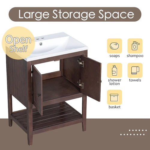 24 Modern Vanity with Ceramic Sink, Wooden Frame and Open Shelf Storage Cabinet, Suitable for Dressing Room, Bathroom
