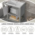 24 Modern Vanity with Ceramic Sink, Wooden Frame and Open Shelf Storage Cabinet, Suitable for Dressing Room, Bathroom