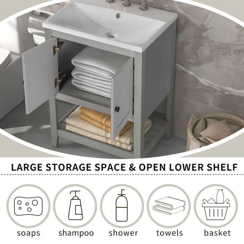 24 Modern Vanity with Ceramic Sink, Wooden Frame and Open Shelf Storage Cabinet, Suitable for Dressing Room, Bathroom