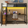 Twin Size Metal&Wood Loft Bed with Desk and Shelves, Two Built-in Drawers, LED Light and USB Charging Station