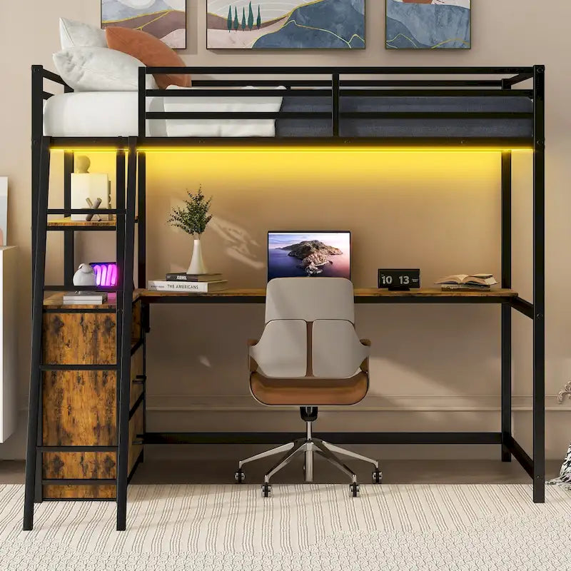 Twin Size Metal&Wood Loft Bed with Desk and Shelves, Two Built-in Drawers, LED Light and USB Charging Station