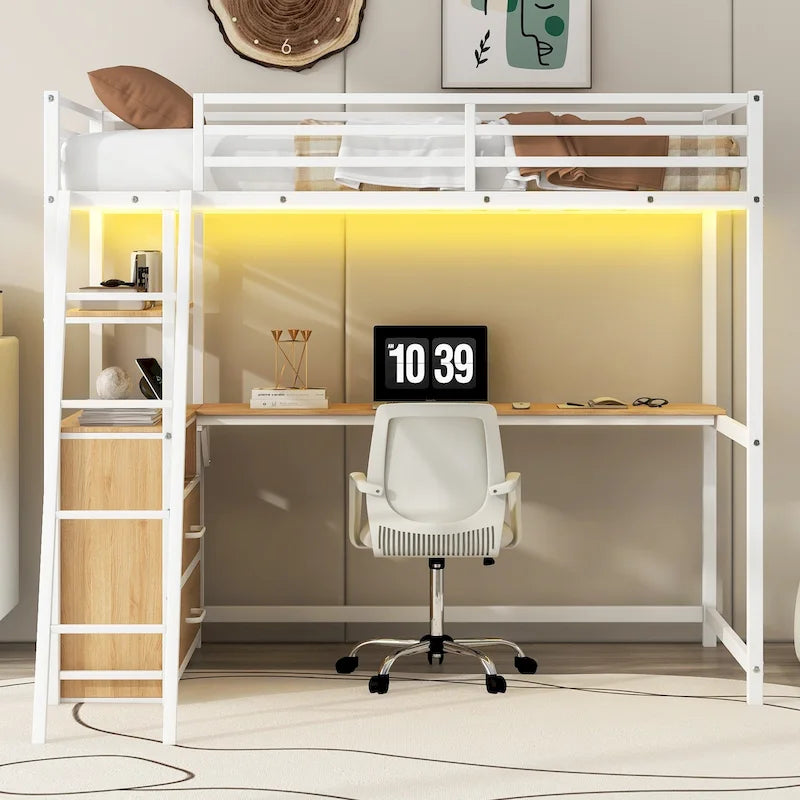 Twin Size Metal&Wood Loft Bed with Desk and Shelves, Two Built-in Drawers, LED Light and USB Charging Station