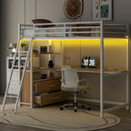 Twin Size Metal&Wood Loft Bed with Desk and Shelves, Two Built-in Drawers, LED Light and USB Charging Station