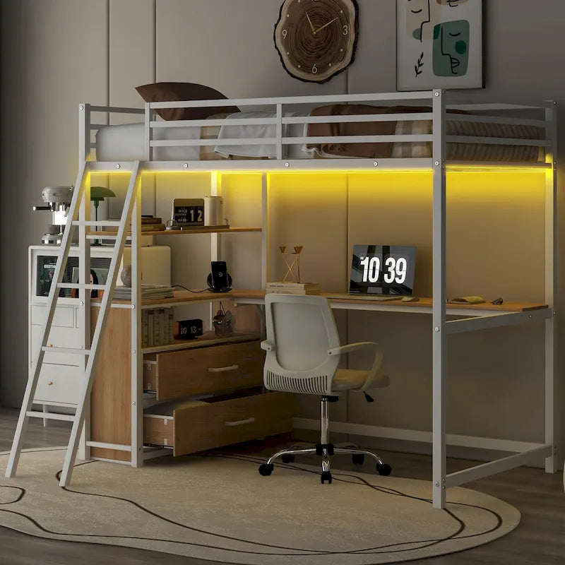 Twin Size Metal&Wood Loft Bed with Desk and Shelves, Two Built-in Drawers, LED Light and USB Charging Station