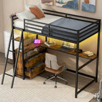 Twin Size Metal&Wood Loft Bed with Desk and Shelves, Two Built-in Drawers, LED Light and USB Charging Station