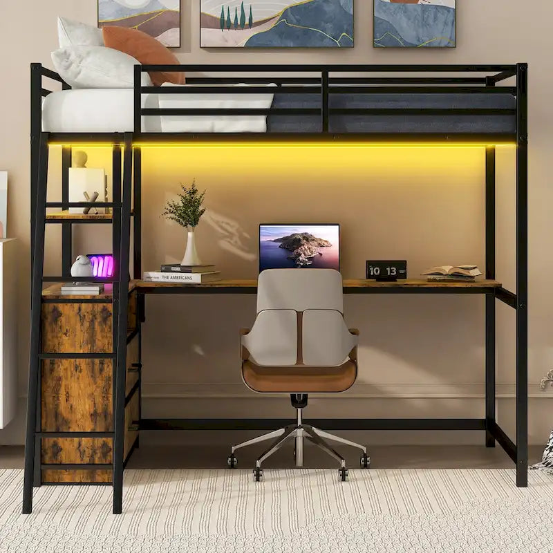 Twin Size Metal&Wood Loft Bed with Desk and Shelves, Two Built-in Drawers, LED Light and USB Charging Station