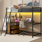 Twin Size Metal&Wood Loft Bed with Desk and Shelves, Two Built-in Drawers, LED Light and USB Charging Station
