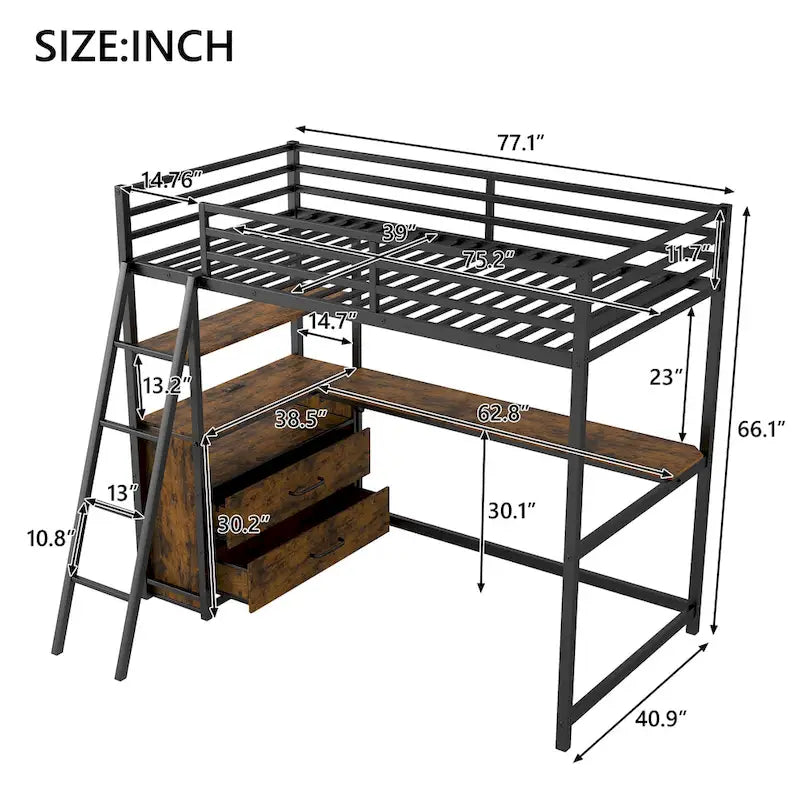 Twin Size Metal&Wood Loft Bed with Desk and Shelves, Two Built-in Drawers, LED Light and USB Charging Station