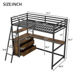 Twin Size Metal&Wood Loft Bed with Desk and Shelves, Two Built-in Drawers, LED Light and USB Charging Station