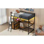 Twin Size Metal&Wood Loft Bed with Desk and Shelves, Two Built-in Drawers, LED Light and USB Charging Station
