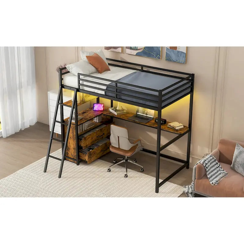 Twin Size Metal&Wood Loft Bed with Desk and Shelves, Two Built-in Drawers, LED Light and USB Charging Station