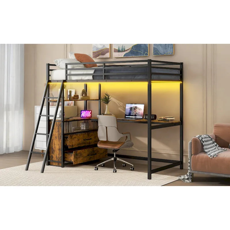Twin Size Metal&Wood Loft Bed with Desk and Shelves, Two Built-in Drawers, LED Light and USB Charging Station