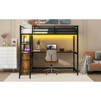 Twin Size Metal&Wood Loft Bed with Desk and Shelves, Two Built-in Drawers, LED Light and USB Charging Station