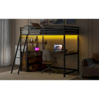 Twin Size Metal&Wood Loft Bed with Desk and Shelves, Two Built-in Drawers, LED Light and USB Charging Station