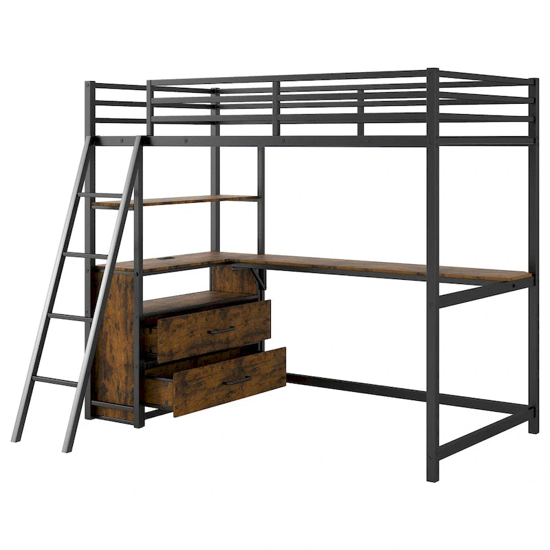 Twin Size Metal&Wood Loft Bed with Desk and Shelves, Two Built-in Drawers, LED Light and USB Charging Station