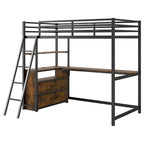 Twin Size Metal&Wood Loft Bed with Desk and Shelves, Two Built-in Drawers, LED Light and USB Charging Station