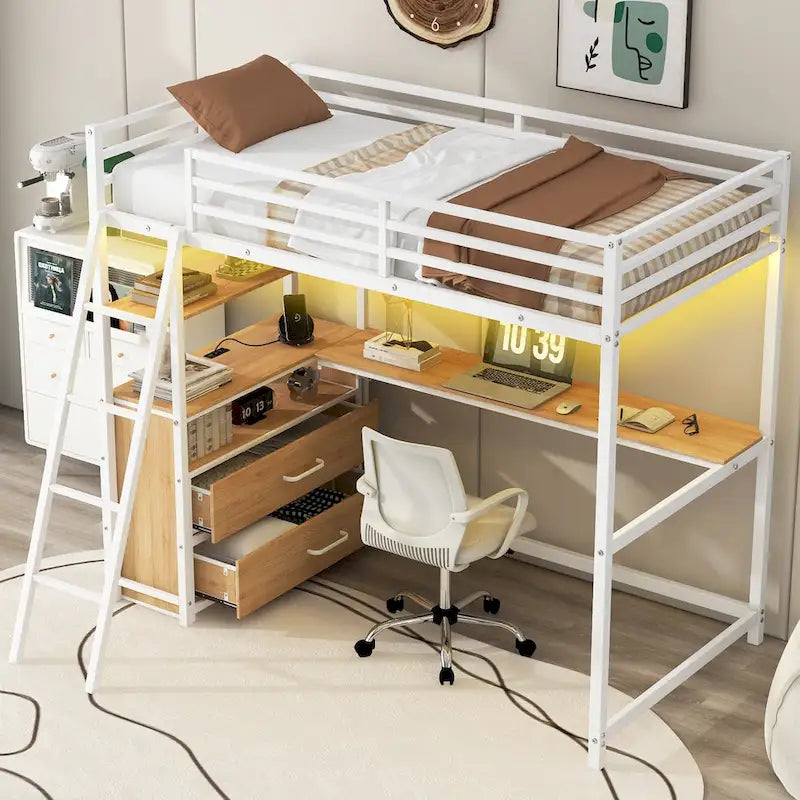 Twin Size Metal&Wood Loft Bed with Desk and Shelves, Two Built-in Drawers, LED Light and USB Charging Station