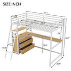 Twin Size Metal&Wood Loft Bed with Desk and Shelves, Two Built-in Drawers, LED Light and USB Charging Station