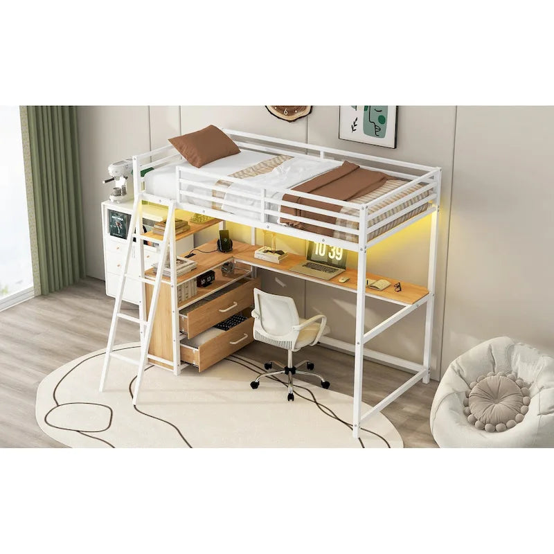 Twin Size Metal&Wood Loft Bed with Desk and Shelves, Two Built-in Drawers, LED Light and USB Charging Station