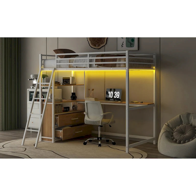 Twin Size Metal&Wood Loft Bed with Desk and Shelves, Two Built-in Drawers, LED Light and USB Charging Station