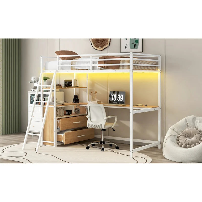 Twin Size Metal&Wood Loft Bed with Desk and Shelves, Two Built-in Drawers, LED Light and USB Charging Station