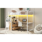 Twin Size Metal&Wood Loft Bed with Desk and Shelves, Two Built-in Drawers, LED Light and USB Charging Station