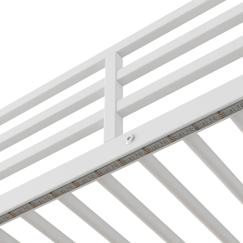 Twin Size Metal&Wood Loft Bed with Desk and Shelves, Two Built-in Drawers, LED Light and USB Charging Station