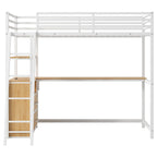 Twin Size Metal&Wood Loft Bed with Desk and Shelves, Two Built-in Drawers, LED Light and USB Charging Station