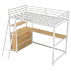 Twin Size Metal&Wood Loft Bed with Desk and Shelves, Two Built-in Drawers, LED Light and USB Charging Station