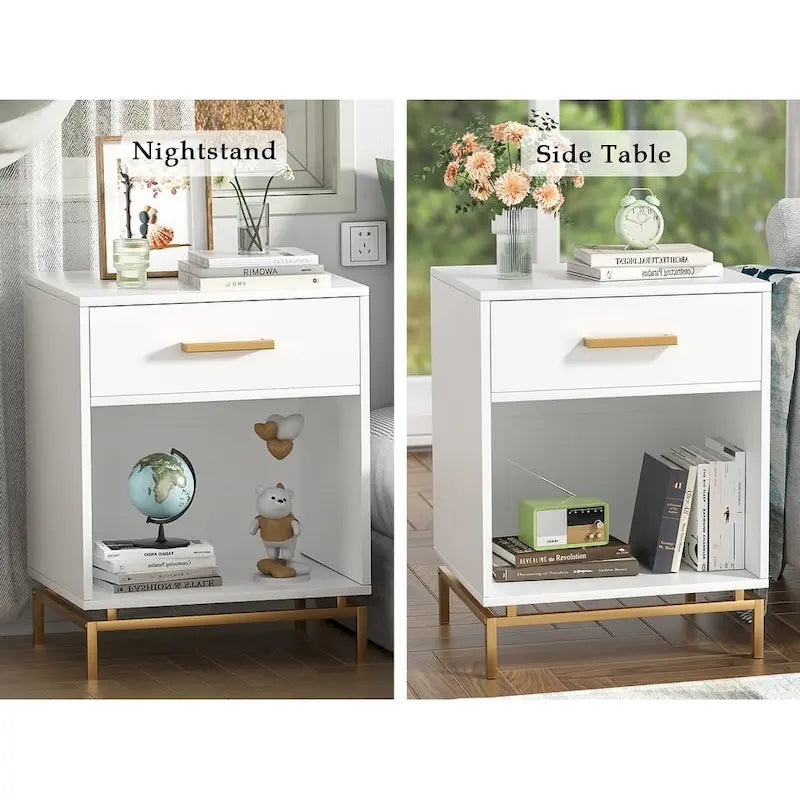 Anmytek Modern 1-Drawer White Nightstand Wood Bedside Table with Open Shelf (Set of 2)