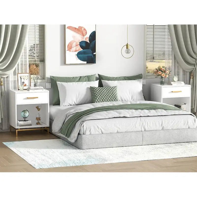 Anmytek Modern 1-Drawer White Nightstand Wood Bedside Table with Open Shelf (Set of 2)