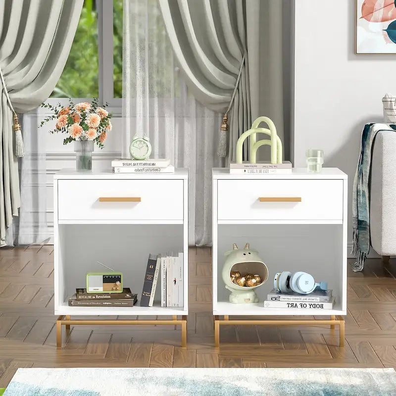 Anmytek Modern 1-Drawer White Nightstand Wood Bedside Table with Open Shelf (Set of 2)