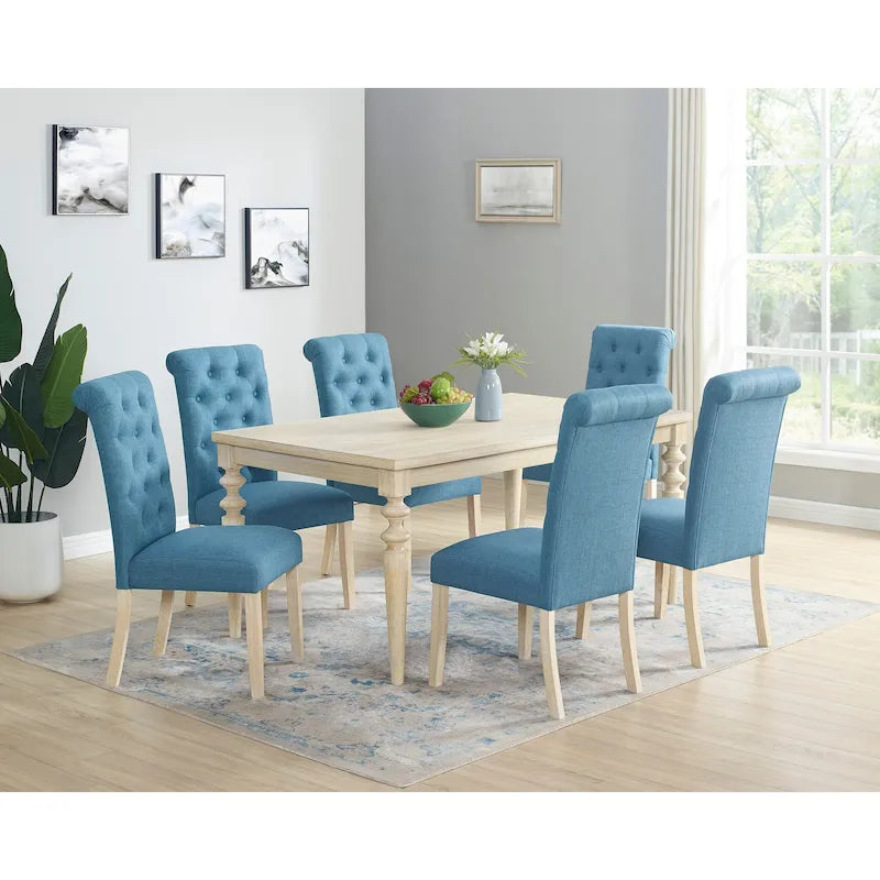 Modern Dining Table and Chairs Set Home Party Dining Table and Chairs Set with 6 Tufted Chairs and Turned Leg for Kitchen