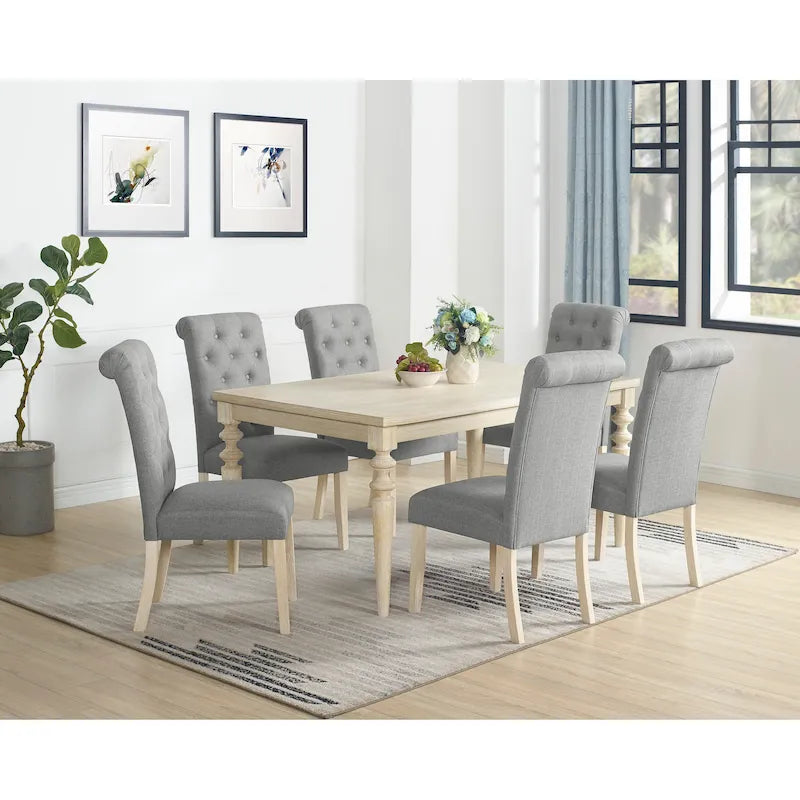 Modern Dining Table and Chairs Set Home Party Dining Table and Chairs Set with 6 Tufted Chairs and Turned Leg for Kitchen