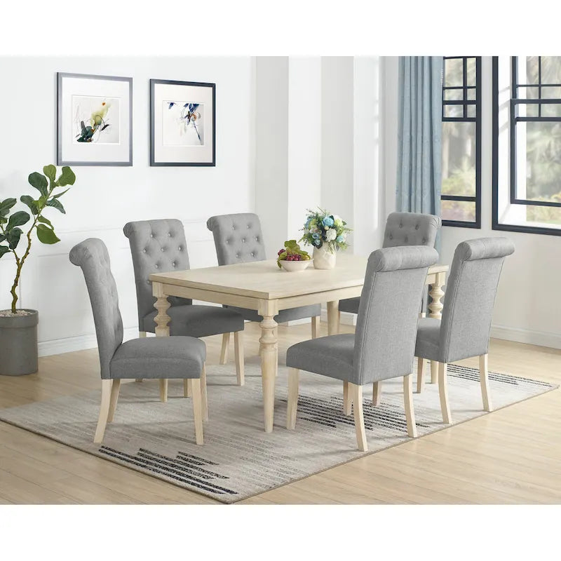Modern Dining Table and Chairs Set Home Party Dining Table and Chairs Set with 6 Tufted Chairs and Turned Leg for Kitchen