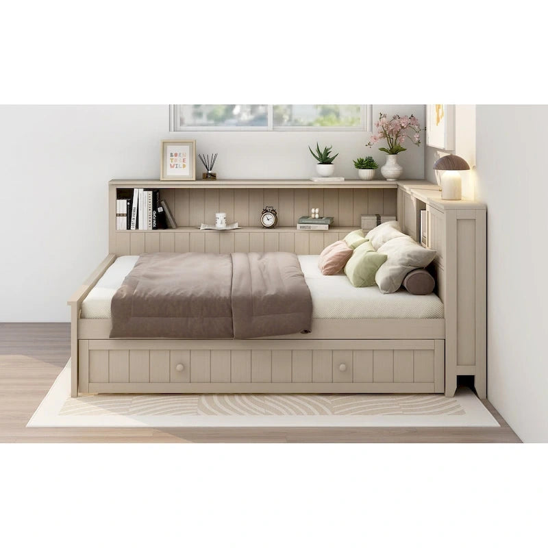 Full Size Wood Daybed with Trundle & Storage Shelves - Convertible Sleeper Sofa Alternative - Great for Small Spaces