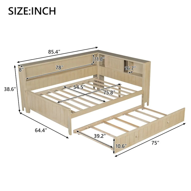 Full Size Wood Daybed with Trundle & Storage Shelves - Convertible Sleeper Sofa Alternative - Great for Small Spaces